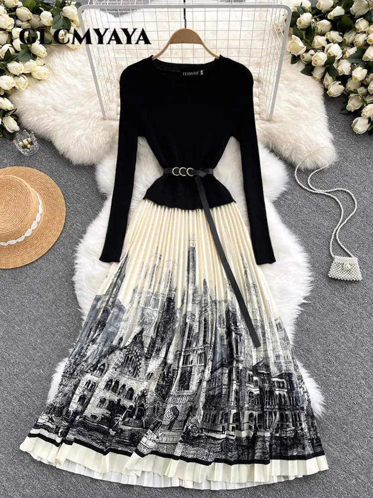 

GLCMYAYA Women Vintage Chic Pleated Big Swing Maxi Long Dress 2023 Spring INS Party Evening Knit Rib Patchwork Dresses Vestidos