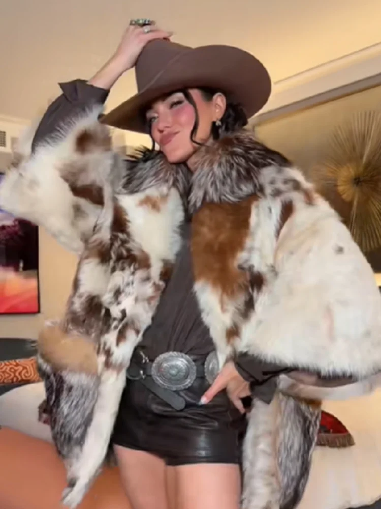 

Autumn Winter Fashion Faux Fur Multi-color Warm Coat Chic Cow Pattern Long Sleeved Collar Thick Jacket Women New Trendy Outwear