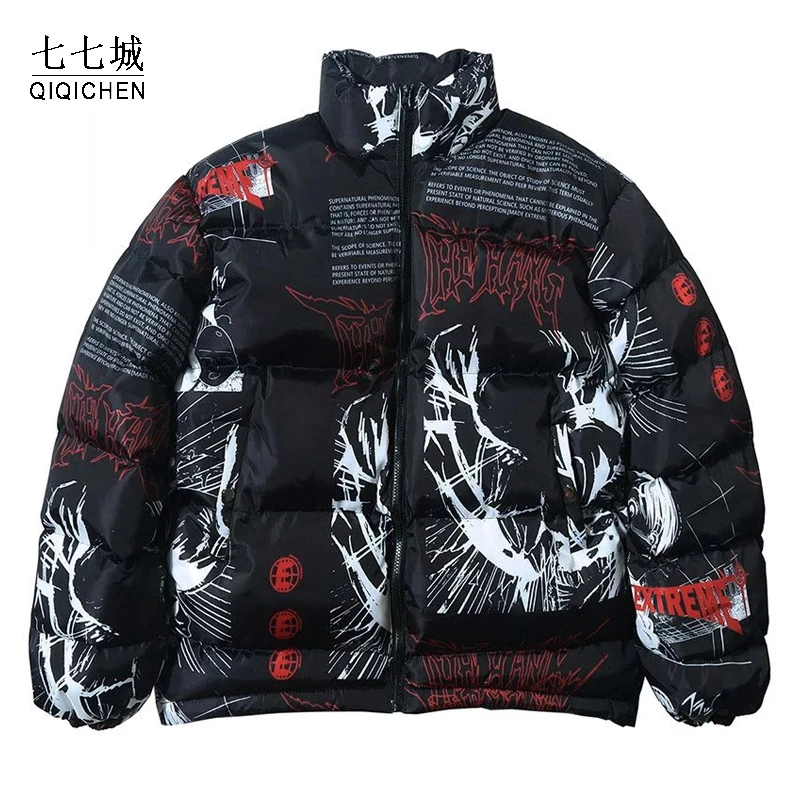 Hip Hop Winter Parkas Men Graffiti Cartoon Anime Print Street Harajuku Thicken Warm Zipper Padded Jacket Oversized Coats Unisex