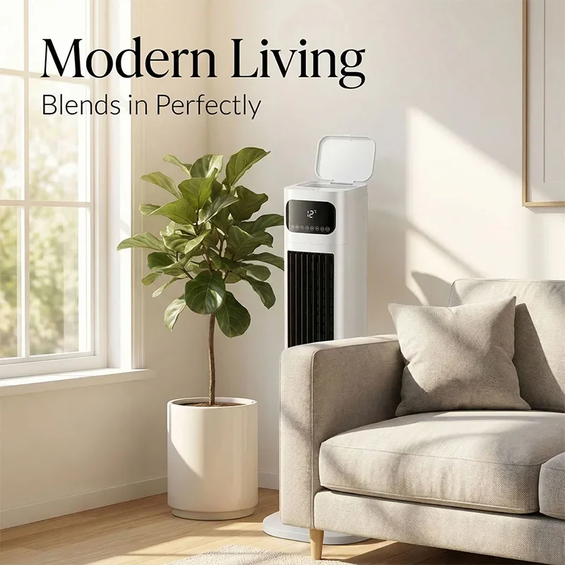 For New Blade-Less Cooling Fan, Compact Water-Cooled Fan with Negative Ion Purification, 20L Water Tank, and Heating Function