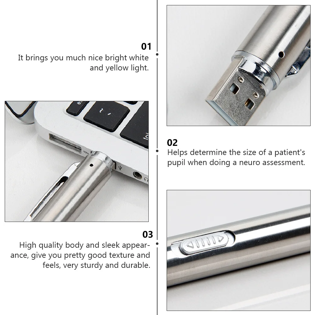 2 قطعة من الفولاذ المقاوم للصدأ قلم طبي مصباح يدوي USB قابل لإعادة الشحن LED قلم ضوء مدمج محمول أداة تقييم الأعصاب أبيض ساطع #2