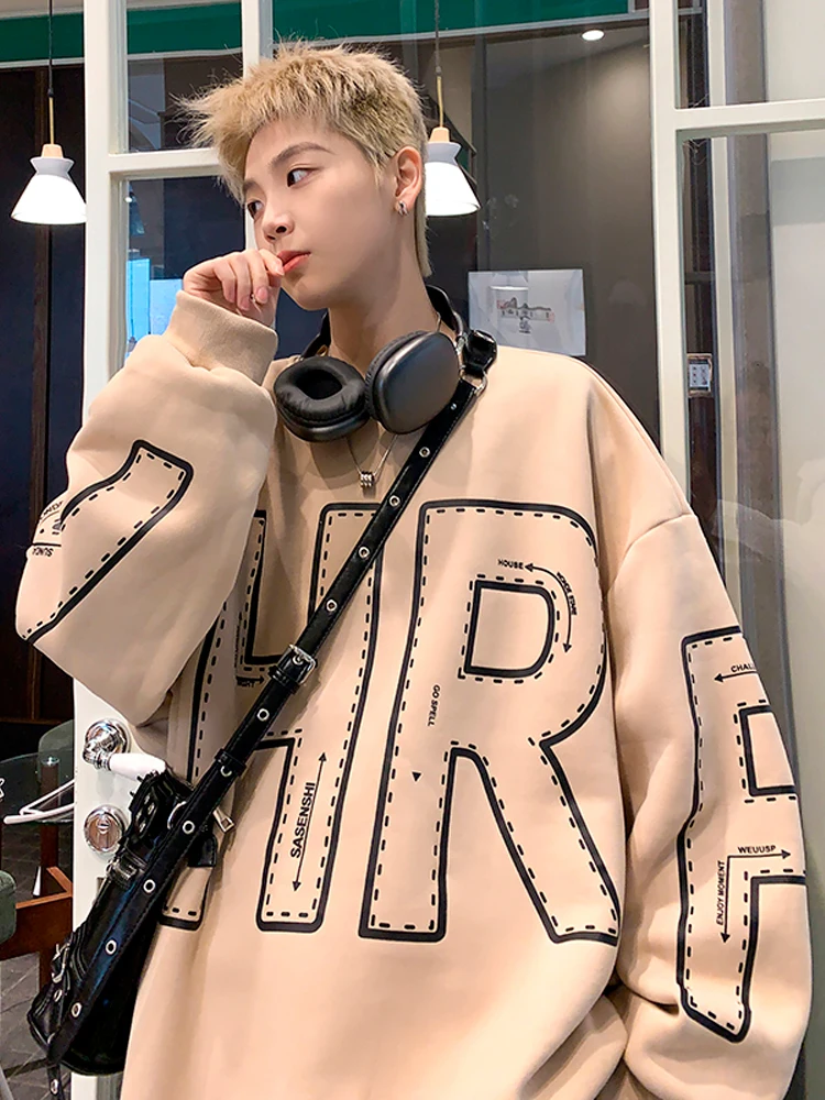 

American High Street Sle Men's Sweatirt Spring Autumn Casual Loose Couple Outerwear Hip Hop Text Print round Ne