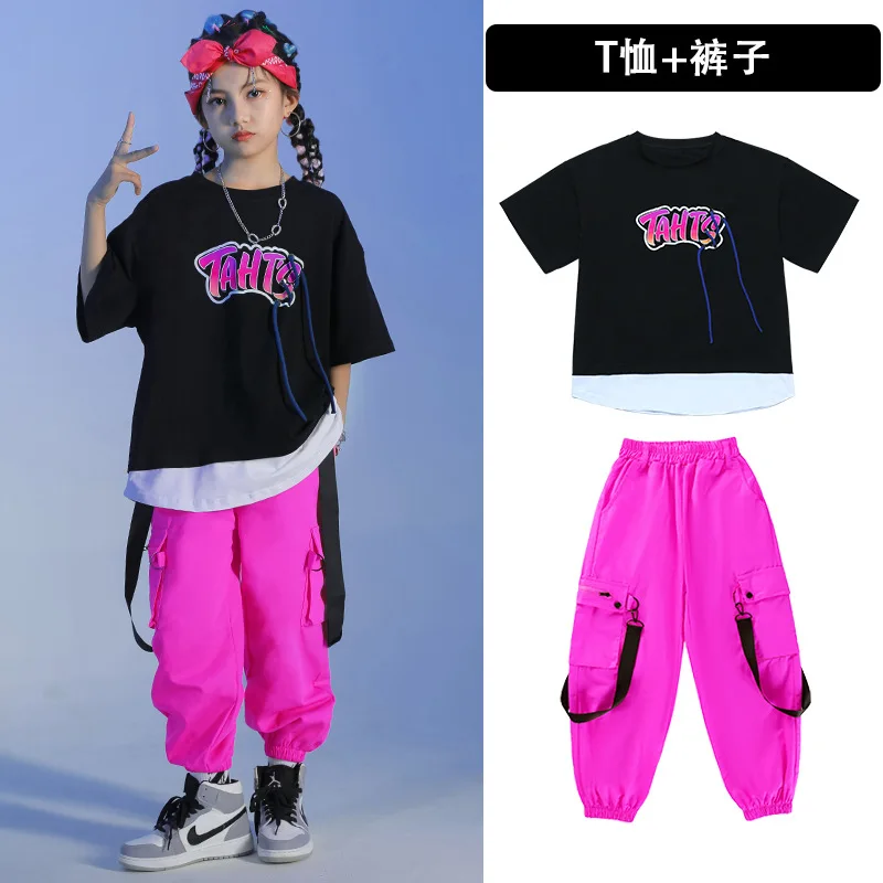Kids Kpop Hip Hop Clothing Fake-two-piece Tops Streetwear Rose Red Pants for Girl Boy Jazz Dance Costume Clothes