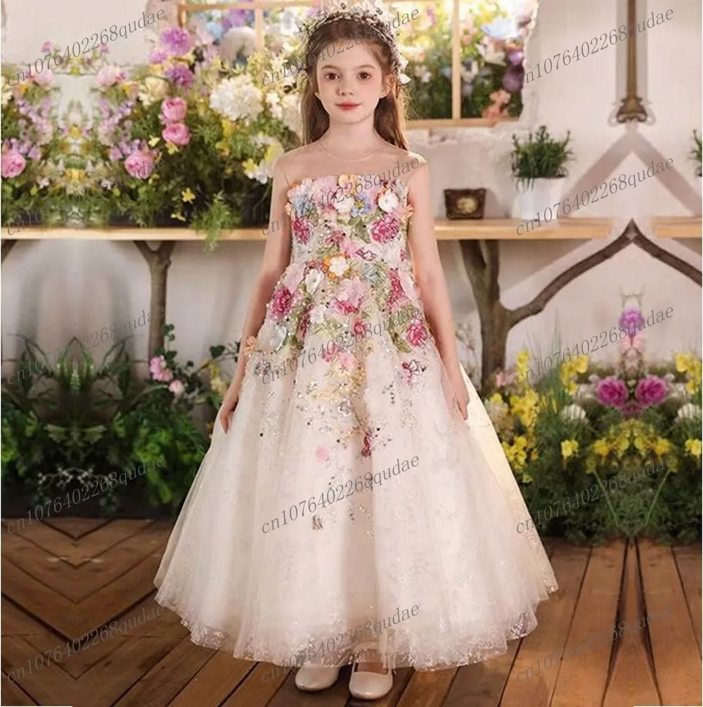 

New Beautiful Flowers Princess Special Occasion Flower Girl Dress Wedding Pary Prom Perform Birthday Baby Child Kid Ball Gown