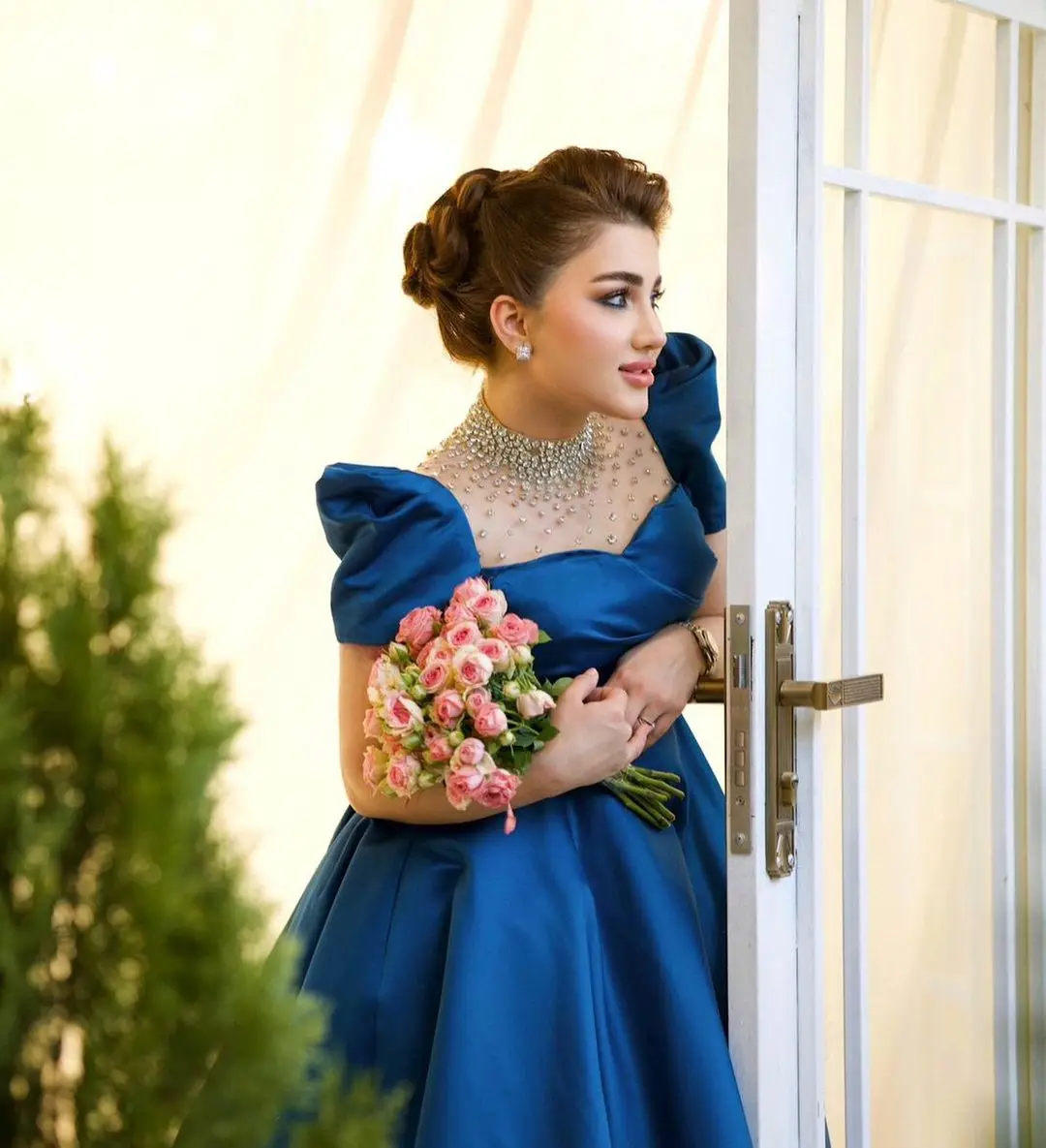 Vestidos de Quinceañera de cuello alto Vintage, vestidos de graduación de manga corta, cuentas de cristales, Azul Real, longitud hasta el tobillo, vestidos de fiesta formales