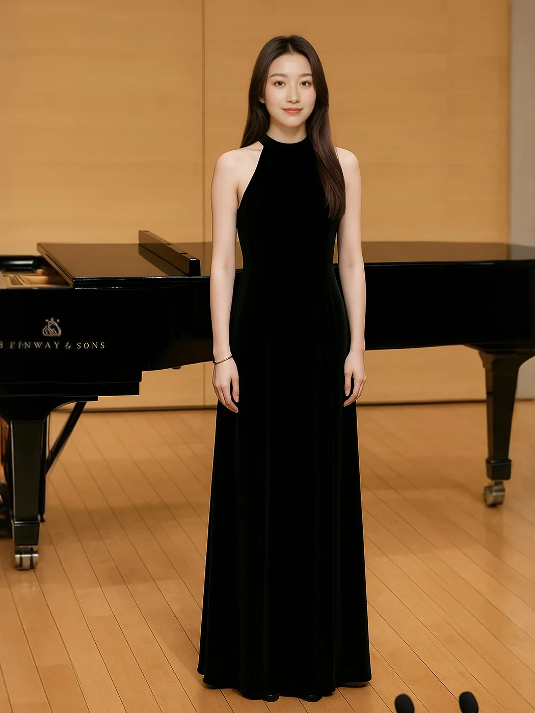 

Ele Bla Evening Gown Piano Texture Par Birthday Host Dr Zipper Sle Pearl Embellied A-Line Skirt Long Dr