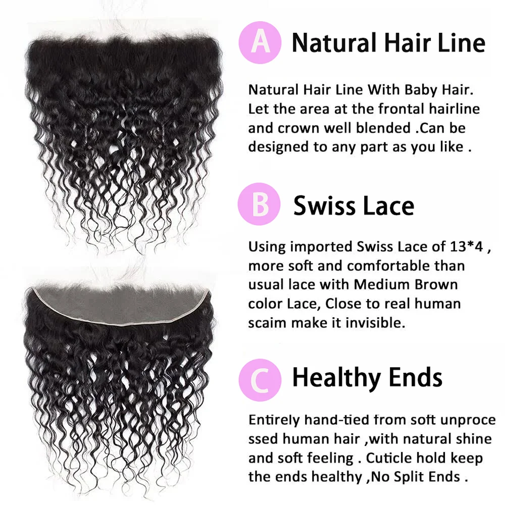 Pacotes de cabelo humano brasileiro com fechamento para mulheres, extensões de onda profunda, frontal, 13x4, HD, laço Weave, 3 pacotes, 100% cabelo humano