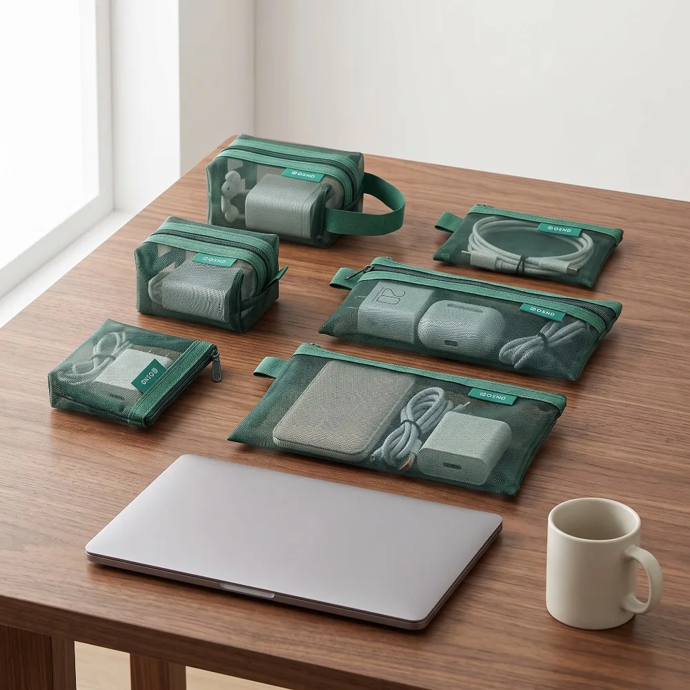 6-teiliges Mesh-Tech-Organizer-Set, Durchsichtige Wasserdichte Aufbewahrungstasche für Powerbanks, Ladegeräte, Ohrhörer, Reise-Handyzubehör – Detail 3