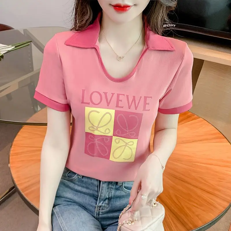 

Nice New Printing Tops Ladies Slim Short Sleeve T-Shirts Summer Summer Thin Fashion Pullovers Sweet V-neck Women's Clothing