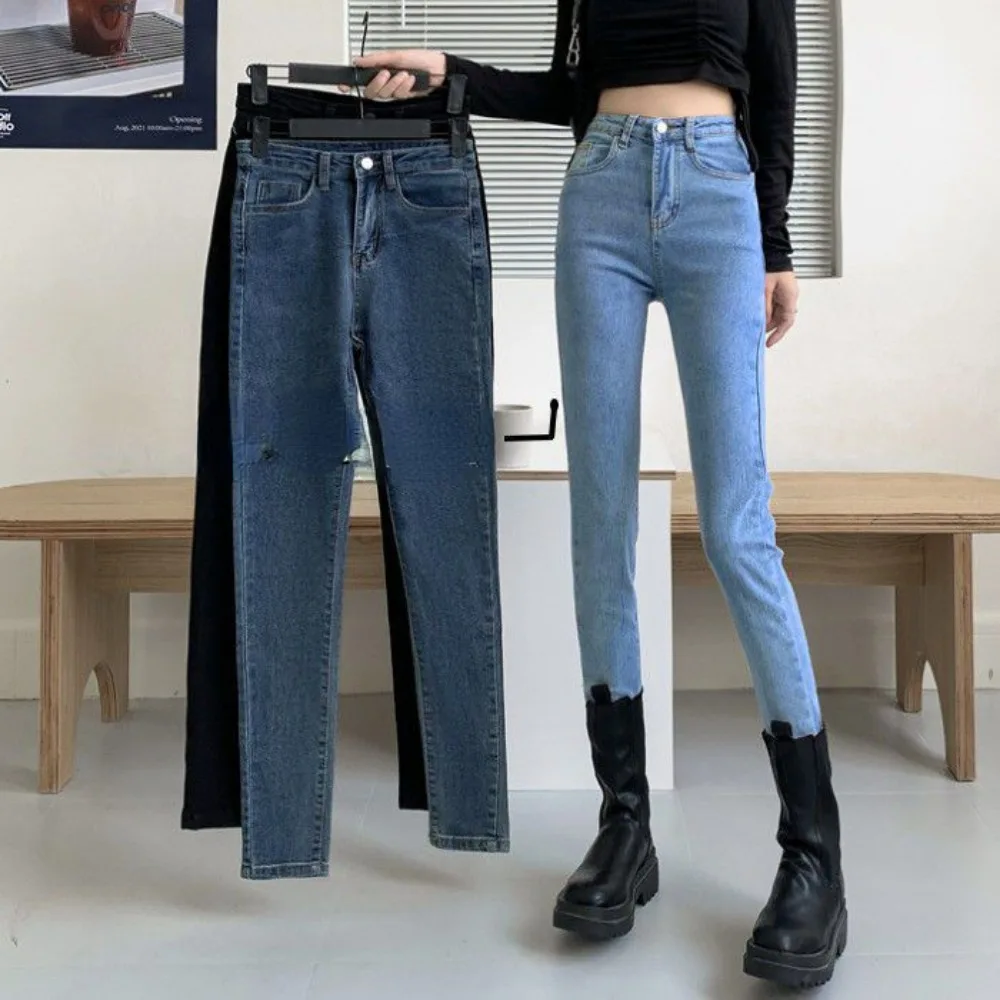 

Высокие джинсы скинни с высокой талией для женщин, осенние эластичные брюки, джинсовые брюки, женские синие, серые, голубые джинсы, женская одежда