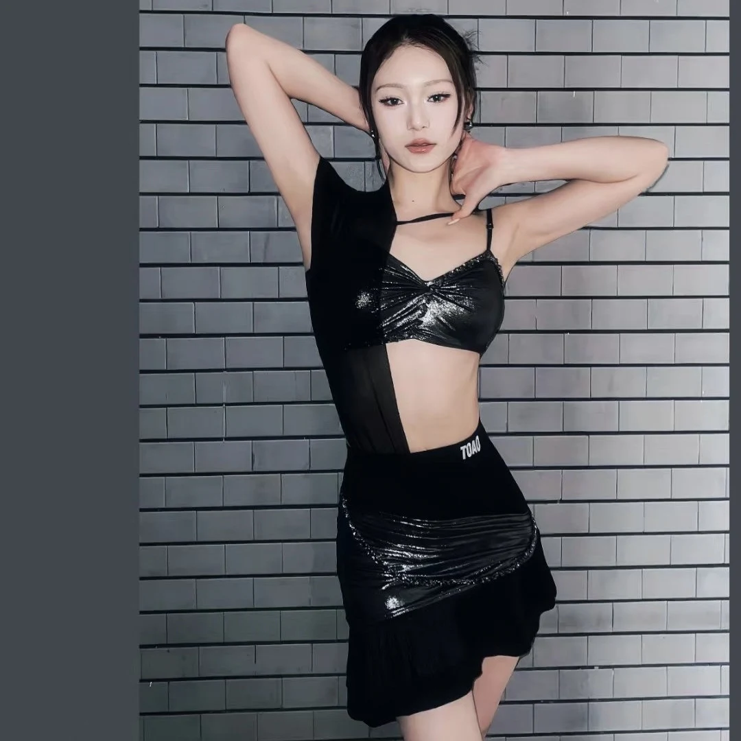 

Sexy Latin Dance Clothes Women Rumba Cha Cha Samba Dance Costume Club Party Dancewear Black Tops Skirt Practice Clothing NV23739