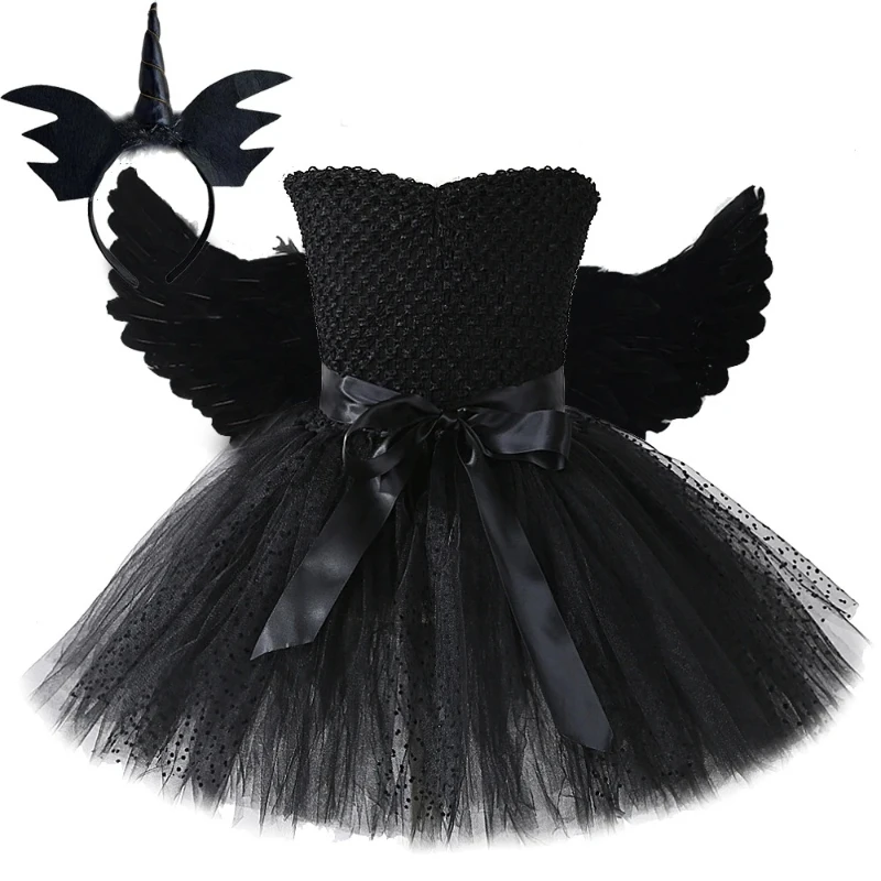 Little Girl's Black Angel Tutu Dress with Wings,Kids Halloween Carnival Party Costume,Unicorn‑Themed Princess Gown,Holiday Dress