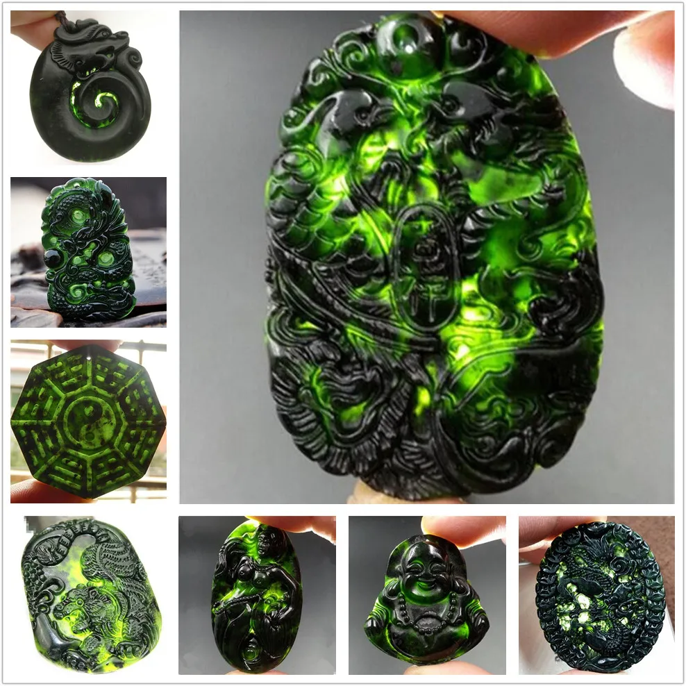 Charm Natural Black Green Stone Jade Carved Chinese TaiJi BaGua Tiger Dragon Lucky Pendant Amulet Rope Necklace Gift Jewelry