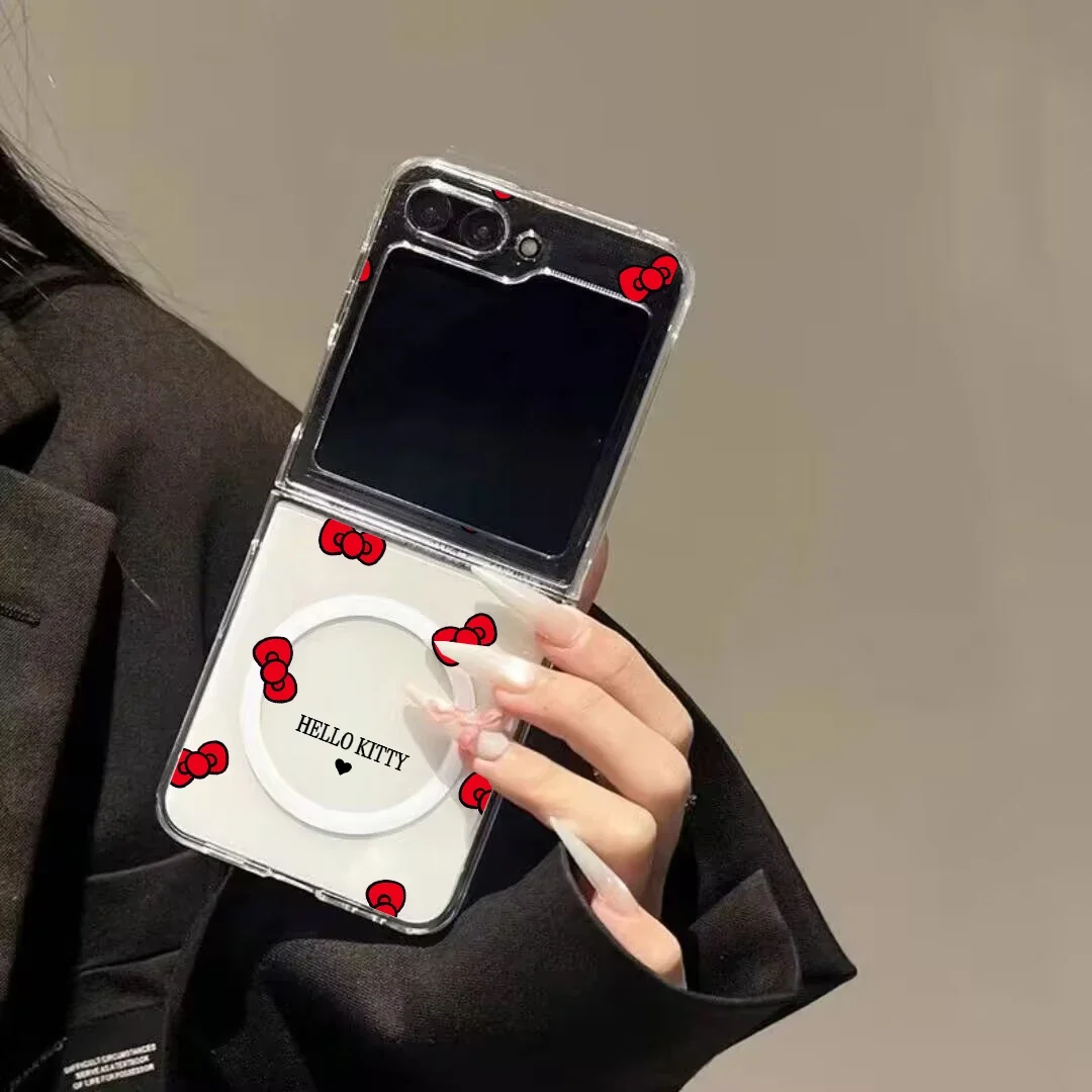 Custodia magnetica per telefono con ricarica wireless Hello Kitty Angel Magsafe per Samsung Z Flip 7 6 5 Galaxy Z Flip 3 4 Cover trasparente