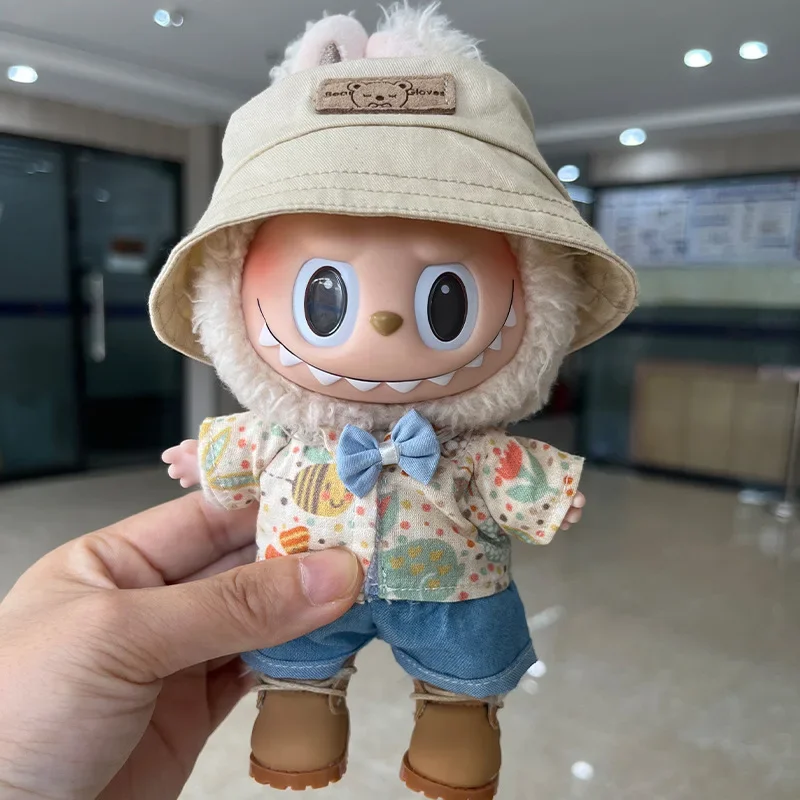 17cm Labubu Shirt and Shorts Suit with Fisherman Hat Clothes Set Replacement Outfits (Not Include Shoes)