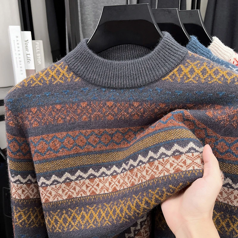 Gran oferta, novedad de invierno, Jersey grueso de cuello semialto para hombre, prendas de punto de alta calidad con bloques de Color Jacquard, ropa cálida de oficina para hombre