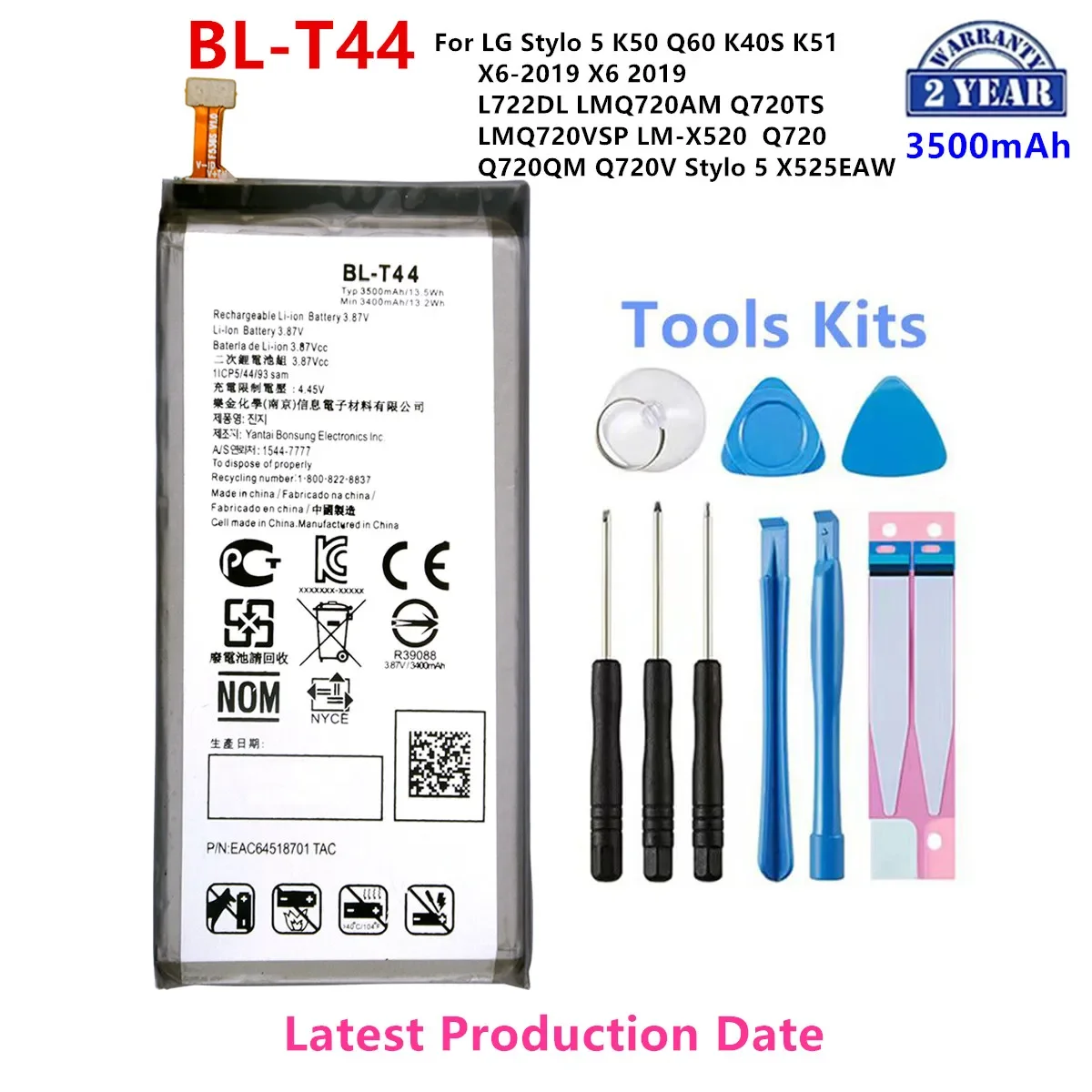 

Original BL-T44 3500mAh Replacement Battery For LG Stylo 5 K50 Q60 K40S K51 X6-2019 X6 2019 Mobile phone Batteries+Tools