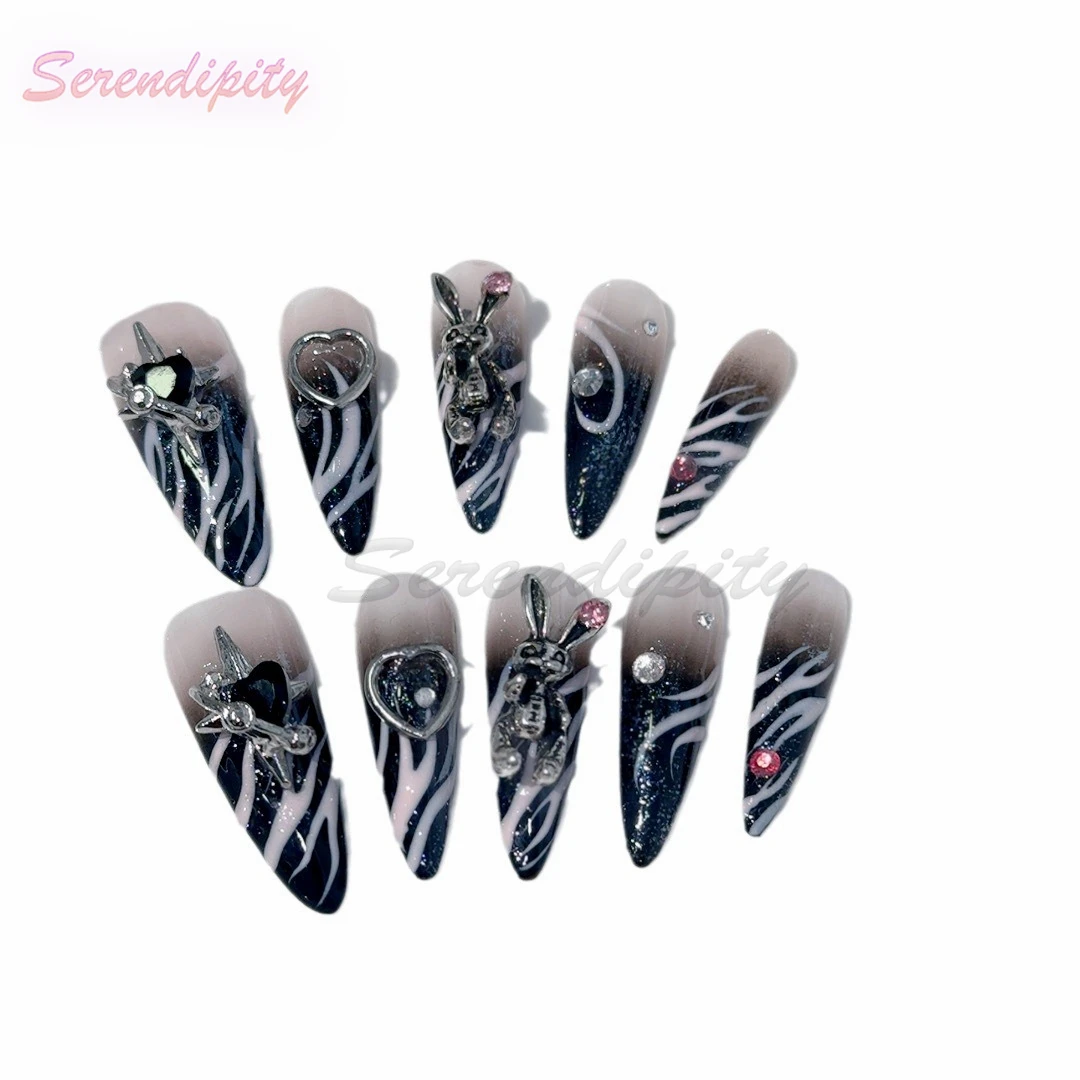 10Pcs Press on Nails Niche Duke Rabbit Punk Gothic Style Dark Spicy Girl Style 3D  Stereoscopic Rhinestones Removable Fake Nails