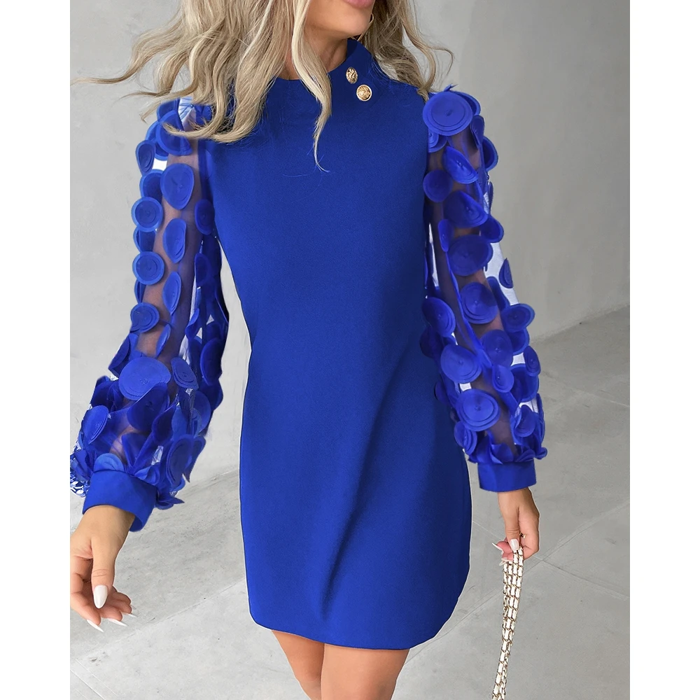 

Women Casual Polka Dot Sheer Mesh Long Sleeve Mini Dress traf Sweet A Line Button Decro O Neck Midi Dress Spring Party Vestidos