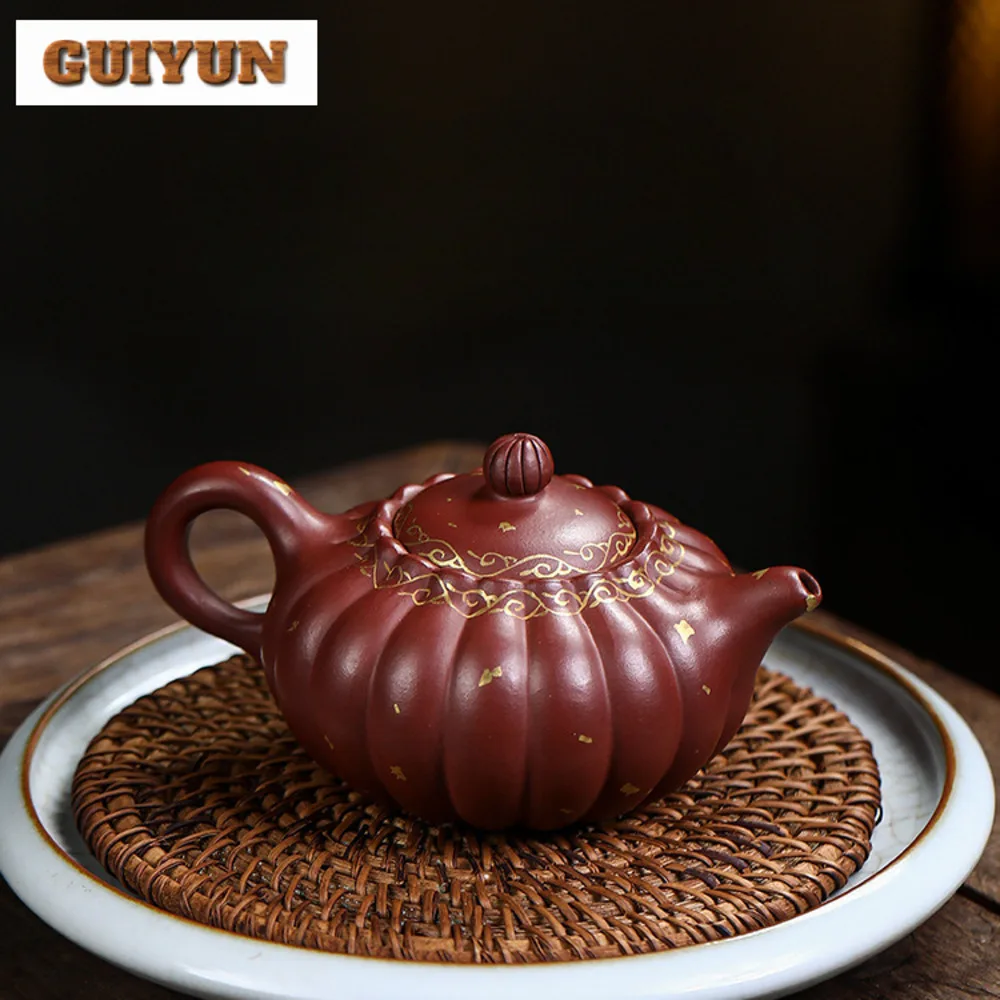 

180ml Handmade Yixing Purple Clay Pot Gold Pattern Pumpkin Teapot Authentic Raw Ore Mud Tea Maker Kettle Zisha Tea Set Drinkware