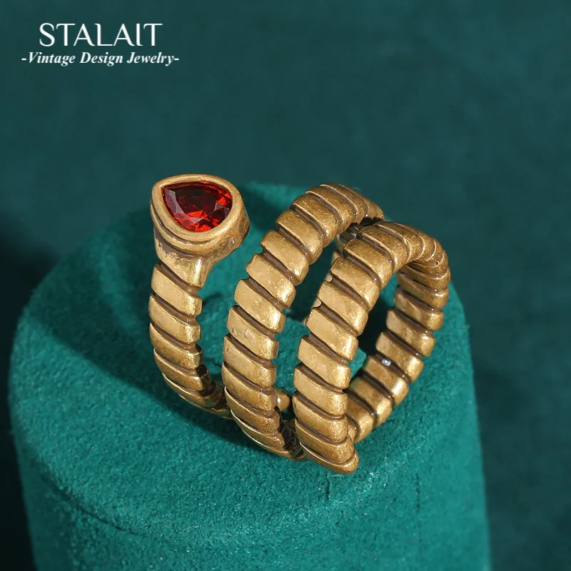 Retro Red Crystal Spiral Snake Bone Ring for Women