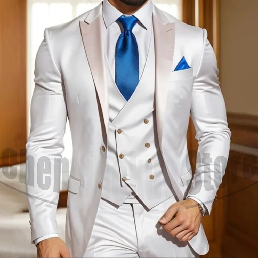 

Elegant Men's Satin Suit Set Fashion Single Breasted Slim Groom Wear Chic Formal Banquet Wedding Party Prom Tuxedo 3 Piece