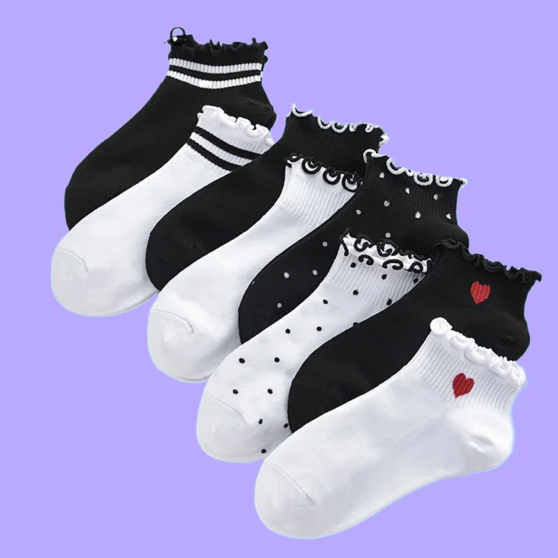 

5/10 Pairs High Quality Women's Chic Cusual Cotton Socks Girls Cute Crimped Stripes Dots Heart Short Ankle Sokken Dropship Socks