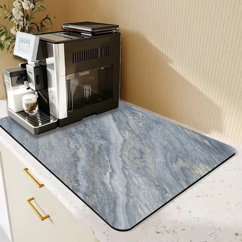 VIKAMA Luxury Blue Marble Fluid Drying Mat Absorbent Non Slip Kitchen Counter Protector Pad For Coffee Maker Bar Decor