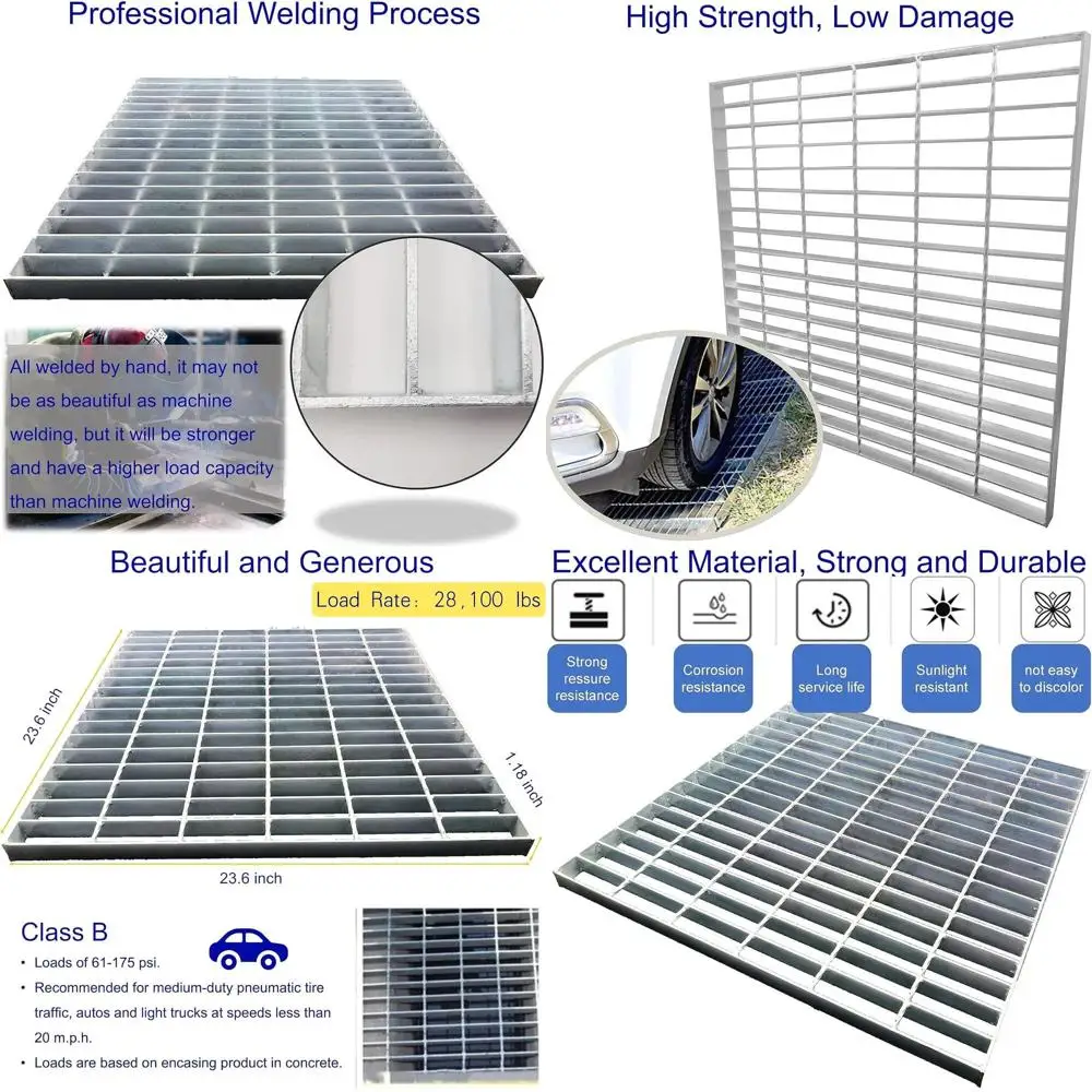 24x24 Inch Heavy-Duty Galvanized Steel Outdoor Drain Cover, B-Class Sewer Grate, Suitable for Driveways and Concrete Yards