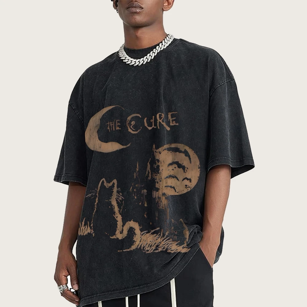 

The Cure Graphic Washed Tee Men Oversized Summer Top Trendy Comfort Color Vintage Retro Y2K Fashion Style Cat Lover
