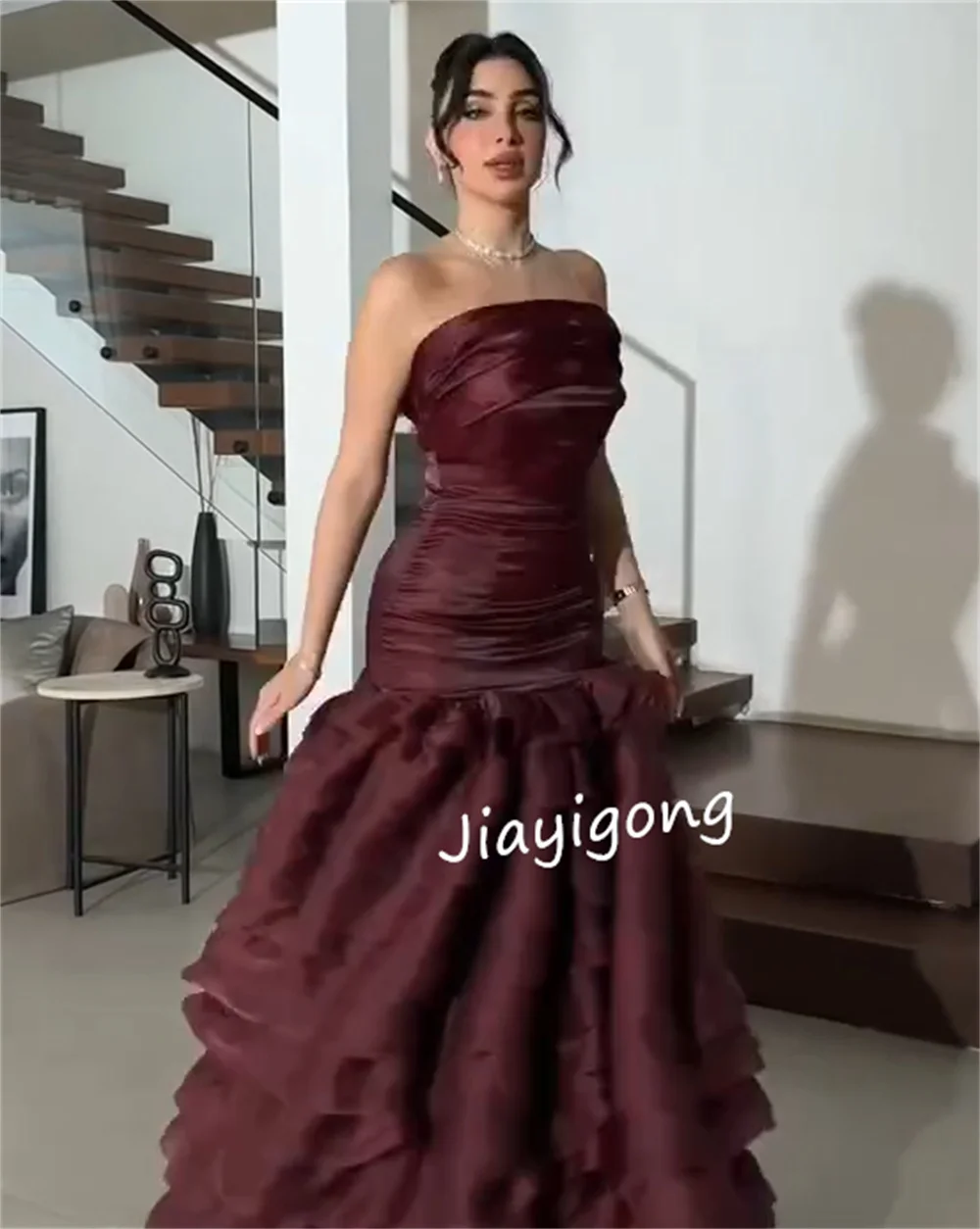 ที่กําหนดเองสไตล์จีน Organza จีบ Mermaid Strapless ชุดยาว Bespoke โอกาสคุณภาพสูงประณีต