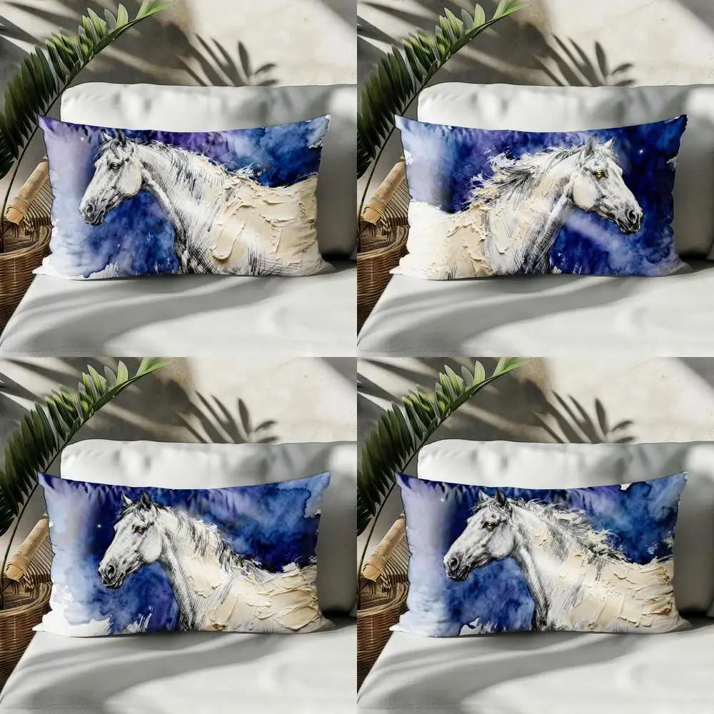

2D White Horse In Blue Art Pillow Suitable For Sofa Bedroom Car Pillow Cover Cushion Rectangular Back Cushion