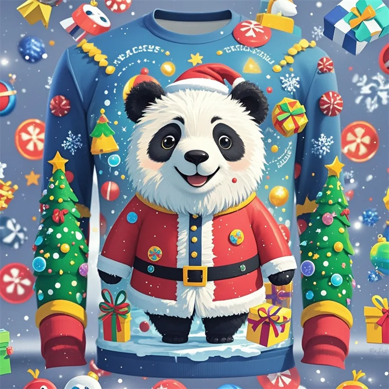 Christmas T Shirt Men 3D Panda Raccoon Print Long Sleeve For Men Fashion Christmas Harajuku Y2K Long Sleeve T-shirt Tops Clothes