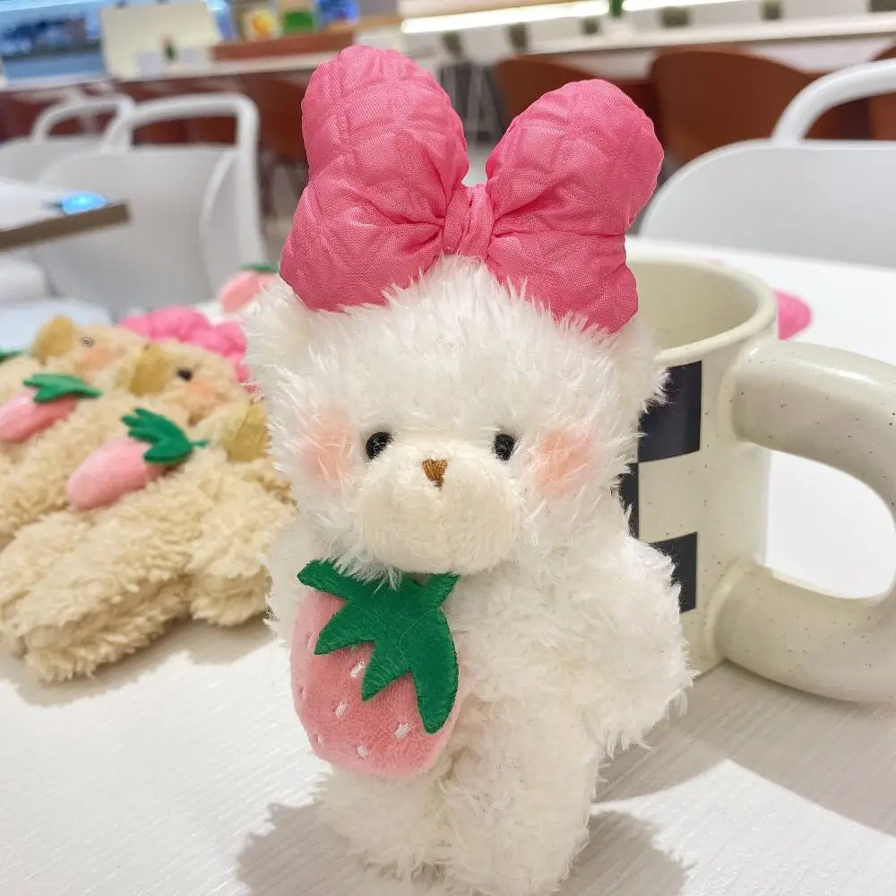 Kawaii Soft Bear Plush Keychain Bowknot Plush Stuffed Strawberry Bear Doll Toys Pink Bow Bear Pendant Backpack Decor