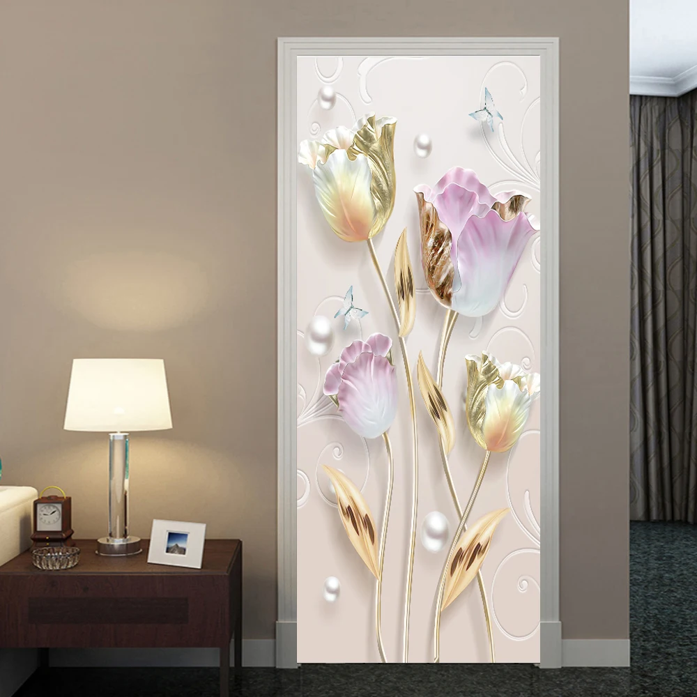 Autoadesivo della copertura della porta adesivo porta di vetro fiore 3D porta poster fai da te formato personalizzato Wall sSticker soggiorno camera