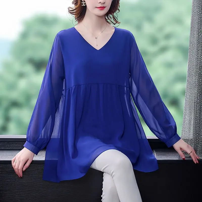 Women\'s Spring Autumn Fashion Elegant Solid V-Neck Pullover Chiffon Lace Temperament Versatile Long Sleeve Loose Mid Length Tops