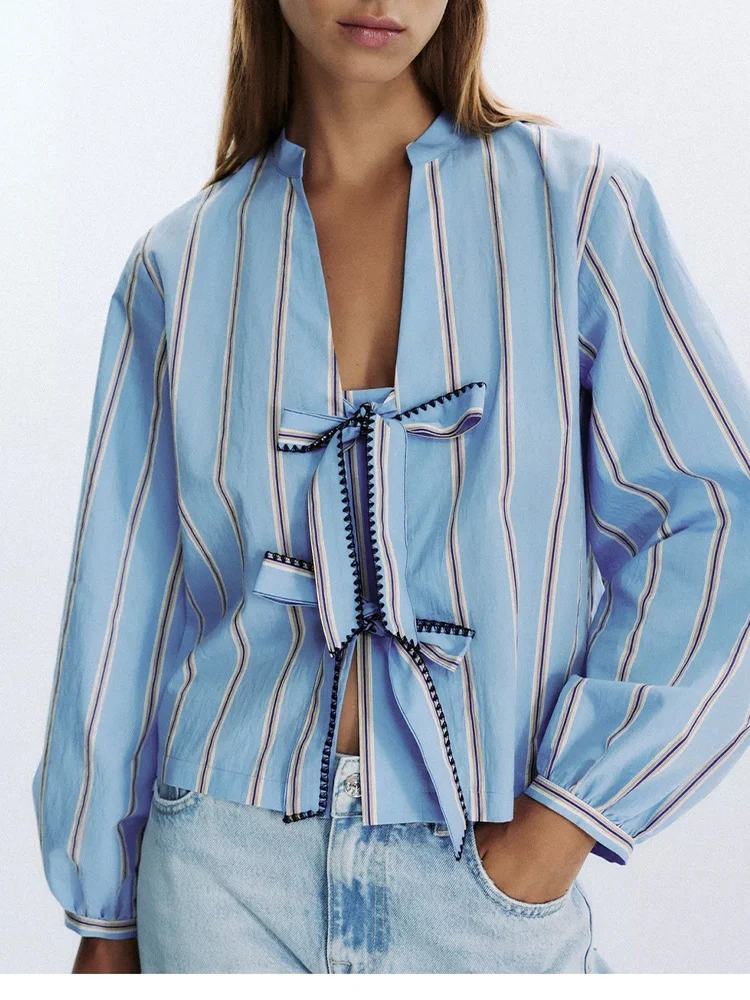 European style new women's fashion versatile temperament bow-decorated striped poplin long-sleeved shirt