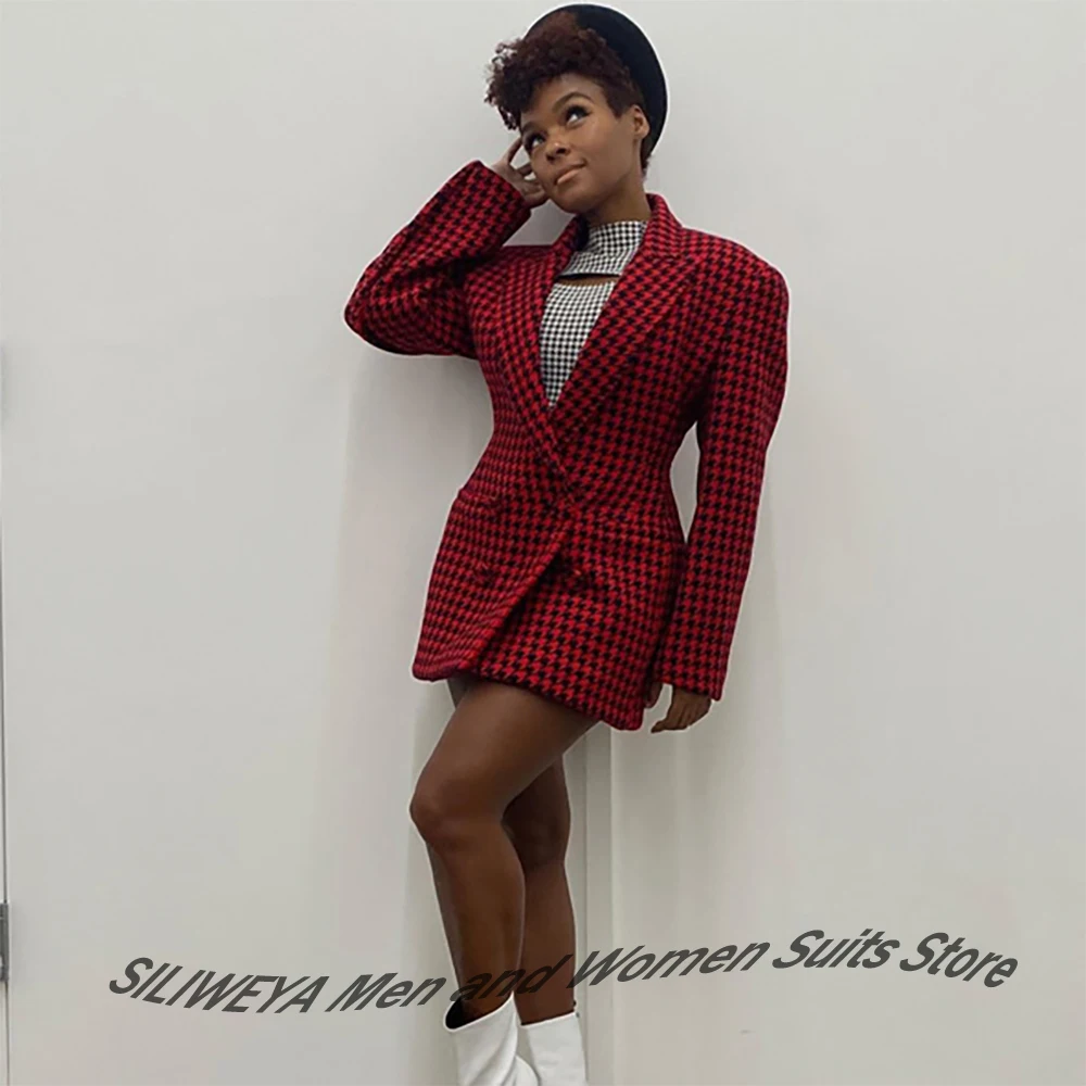 Oversized Red Houndstooth Double-Breasted Women's Jacket Luxury Peak Lapel One Piece Set Retro Streetwear Evening Party Outfit
