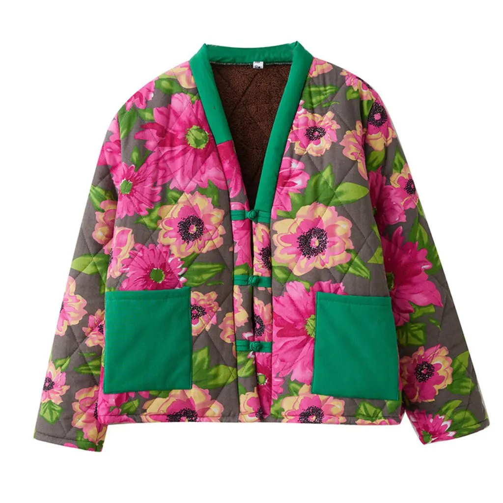 

Женская высококачественная хлопковая стеганая куртка, зимняя короткая оригинальная ткань в китайском этническом стиле с пряжкой для чтения на флисовой подкладке