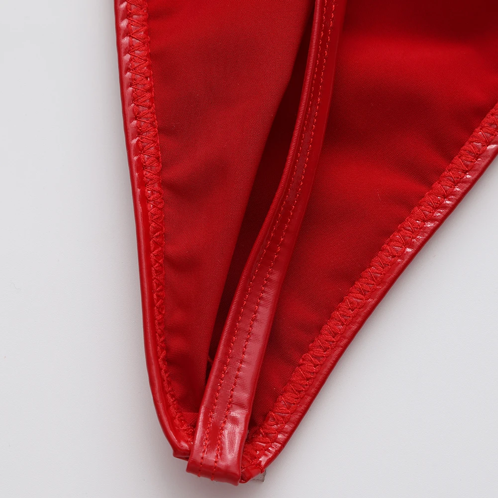 Fashion Red Color Men Faux Leather G-string Briefs Thin-Strap Low Waist Shiny Sexy Sissy Underwear Lingerie