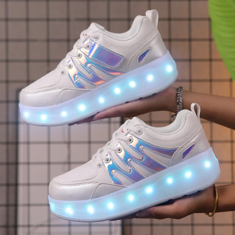 أحذية تزلج دوارة وامضة للأطفال مع عجلتين أحذية تزلج أوتوماتيكية غير مرئية أحذية رياضية للأطفال قابلة للتنفس