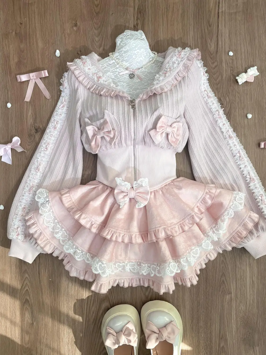 Spring Japanese Lace Sweet Elegant 2 Piece Sets Women Bow Design Coat + High Waist Chic Skirt Female Pink Princess Retro Outfits image 2