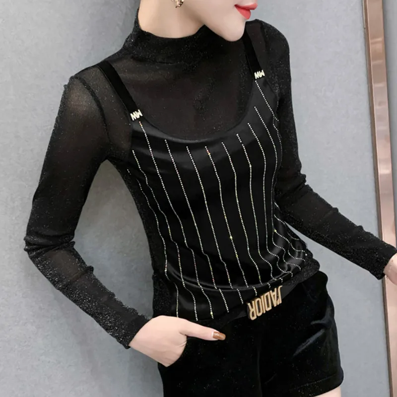 #7961 Spring Autumn Black False Two Piece T Shirt Women Turtleneck Sexy Spliced Mesh Long Sleeve Women's T Shirt Femme Diamonds