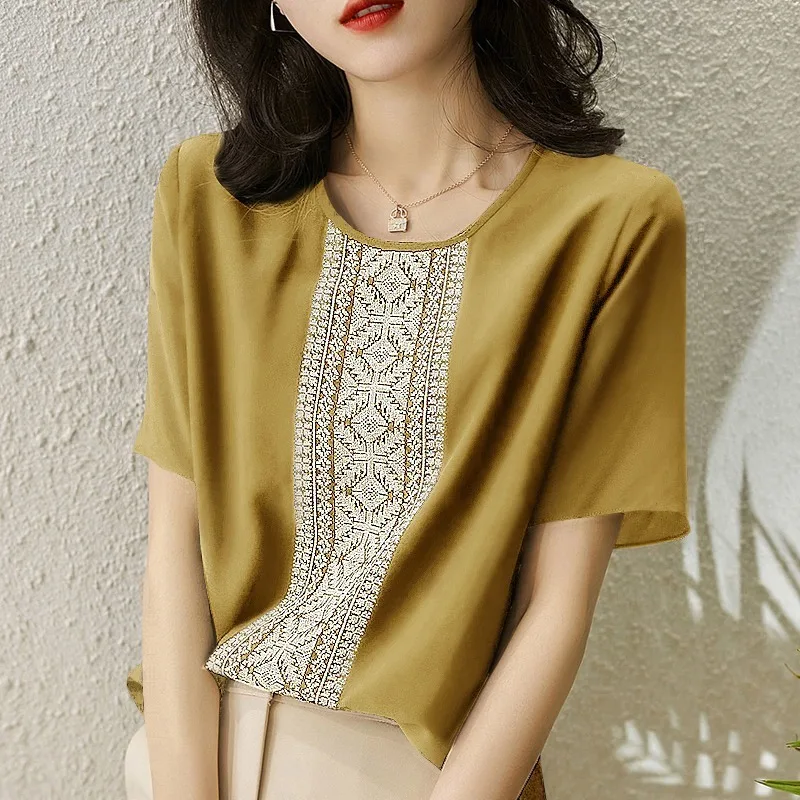 Female Summer New Vintage Embroidery Fashion O-Neck Short Sleeve T-shirt Oversize Loose All-match Solid Lady Chiffon Casual Top