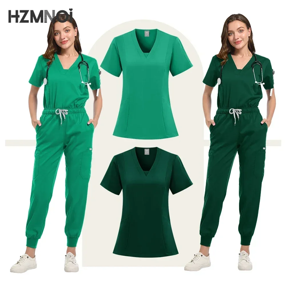 Scrub Set Uniform Nurse Workwear Nursing Top and Pant Women Men Solid Color Chlorine Bleach Resistance Heathered Working Suit