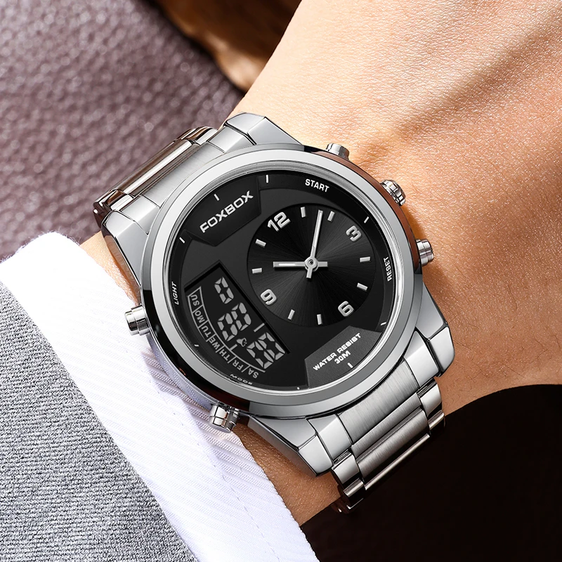 FOXBOX Brand Luxury Men Wrist Watch Relogio Masculino Business Stainless Steel Band Watch For Male Clock Men Dual Display Watch