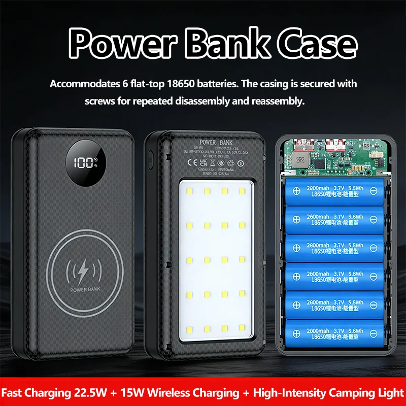 

Батарейный блок для быстрой зарядки 37,5 Вт, 6*18650, 20000 мАч, 22,5 Вт, проводной + 15 Вт, беспроводной внешний внешний аккумулятор, ящик для хранения зарядки аккумулятора