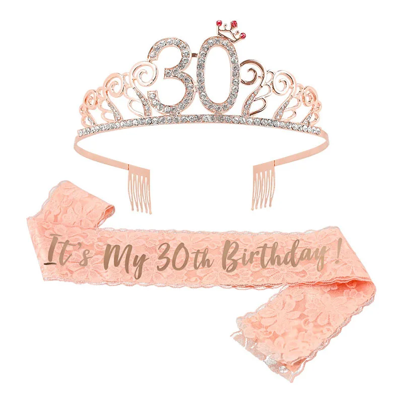 

It's My Birthday Sash and Tiaras Girls Women Rose Gold 16 18 21 30 40 50 60 70th Crown+Lace Sashes for Anniversary Party Decor