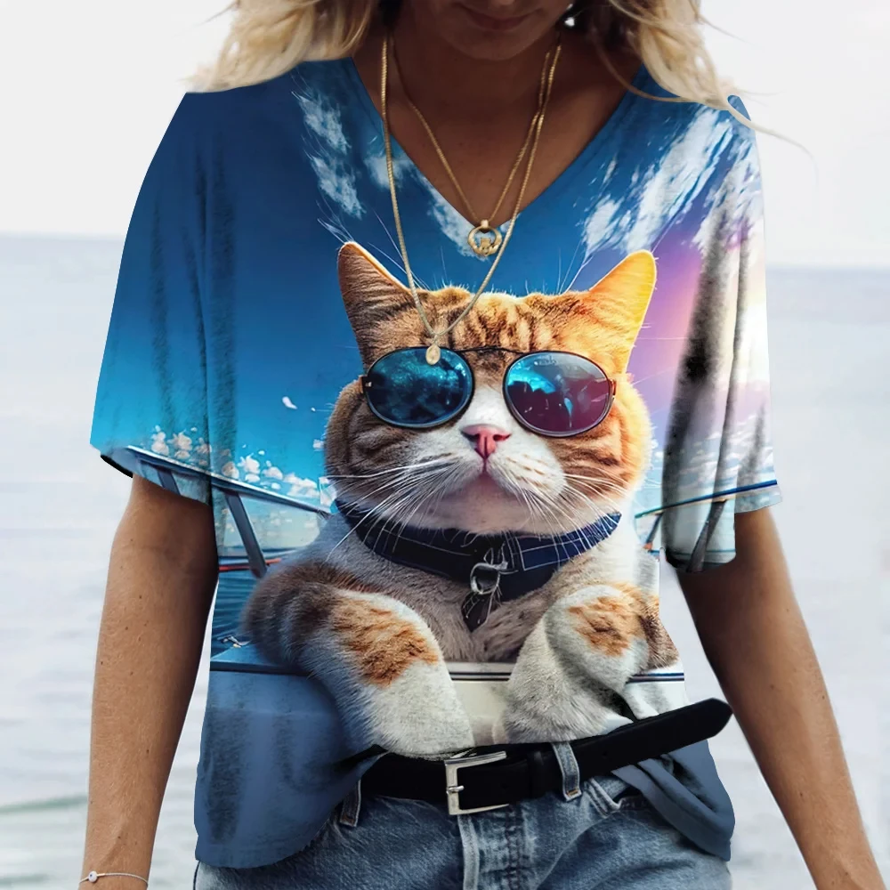 

Fashion Women's T-Shirts Cute Cat 3D Print Girl Summer Harajuku Loose Casual Clothing Kawaii V-Neck Short Sleeve T-Shirts