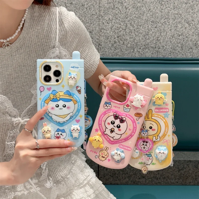 3D Cute Cartoon Japan Anime Chiikawa Phone Case For iPhone 15 14 13 12 11 Pro Max With Cosmetic Mirror Back Cover With Lanyard